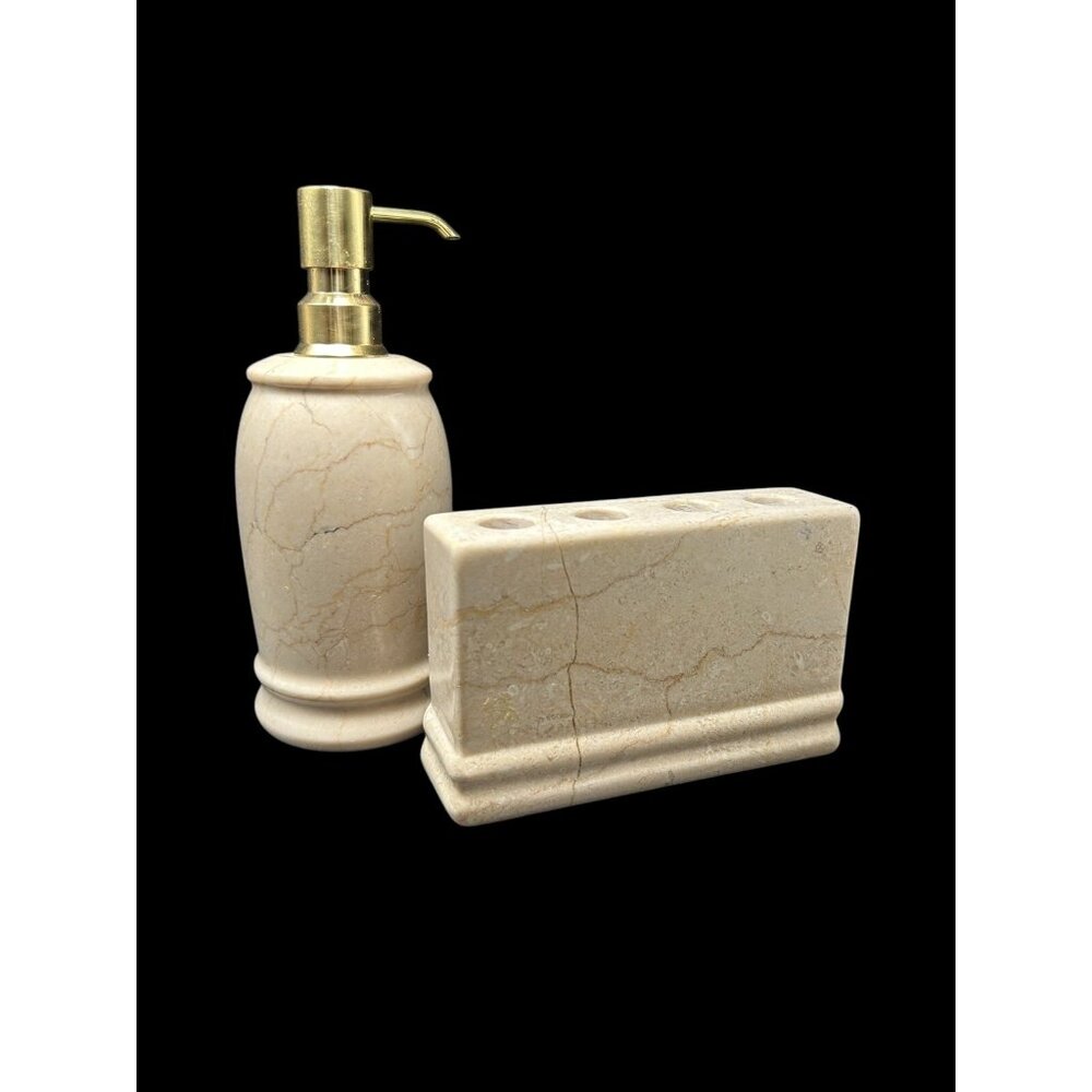 Frontgate Designer Solid Travertine Marble Toothbrush Holder & Lotion Dispenser